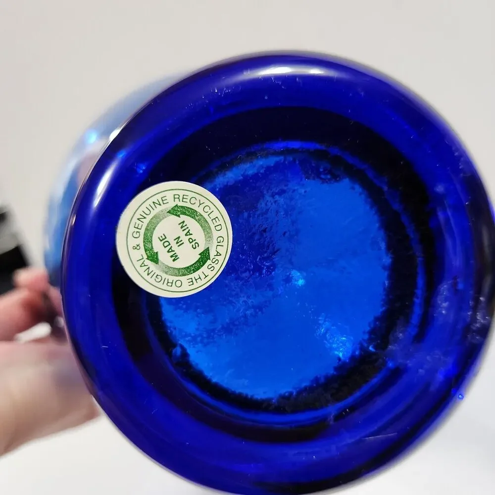 Vintage Cobalt Blue Hand Blown Vase Glass Applied Handles Made In Spain